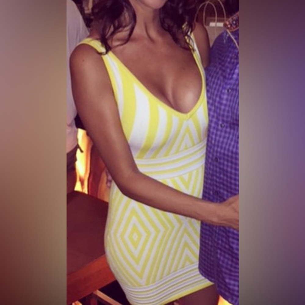 2B Bebe Yellow and White Striped Bodycon Mini Dress